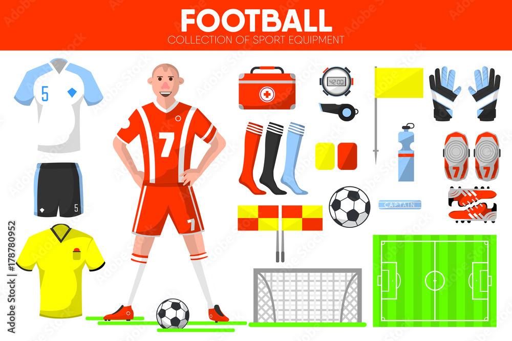 Football sport equipment soccer game player garment accessory vector icons set Football sport equipment soccer game player garment accessory vector icons set