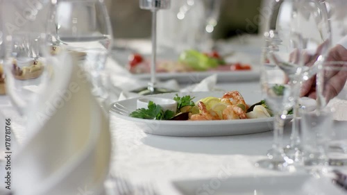 Shot of perfect dishes with food on banquet table at restaurant before celebration