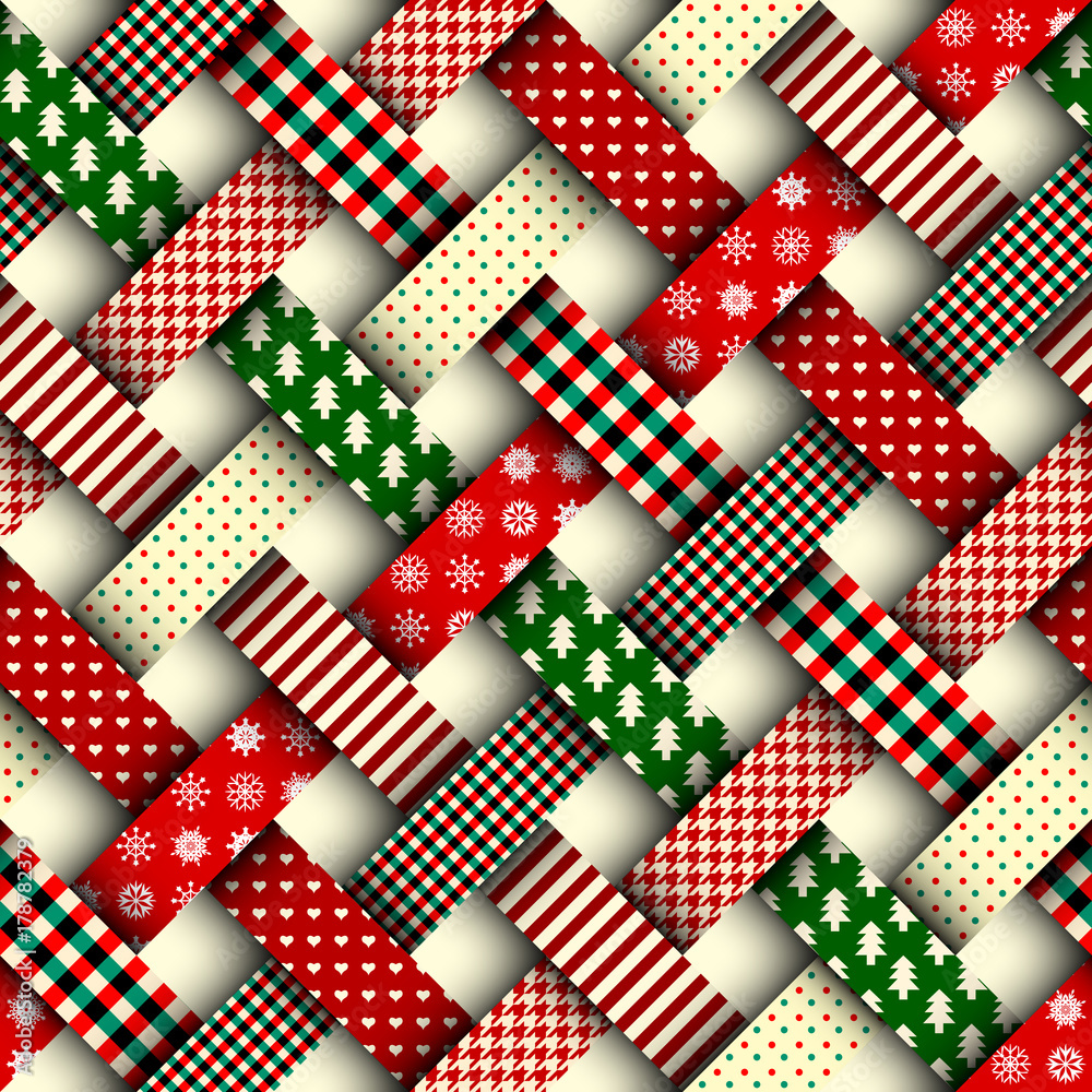 Obraz premium Seamless Christmas background in patchwork style. Interweaving ribbons with Christmas patterns on red background.