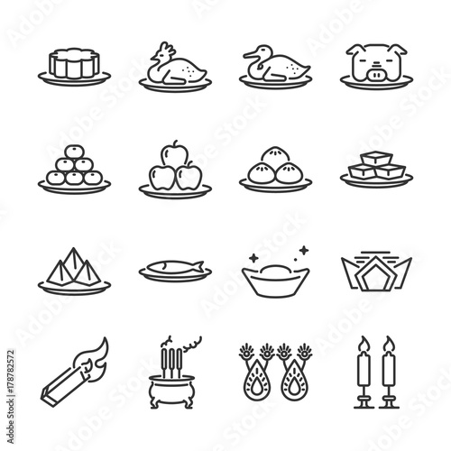 Chinese Ancestor Worship line icon set. Included the icons as Joss paper, candles, incense burner, food, dessert, fruits and more.
