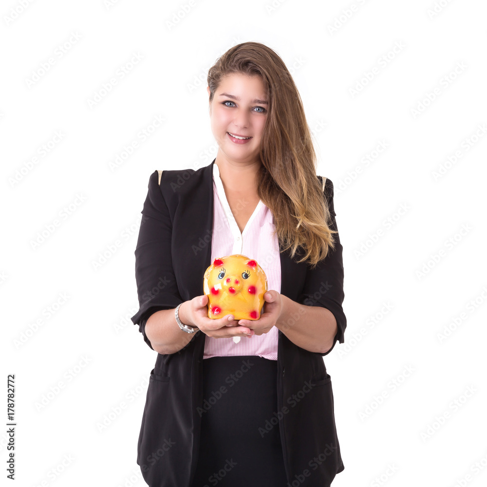 Caucasian businesswoman holding gold piggy bank isolated on white Caucasian businesswoman holding gold piggy bank isolated on white