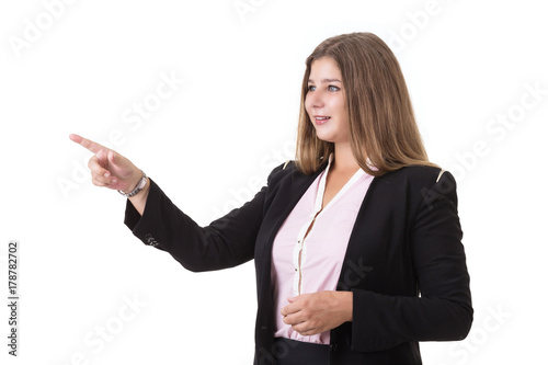 Caucasian businesswoman with black uniform isolated on white