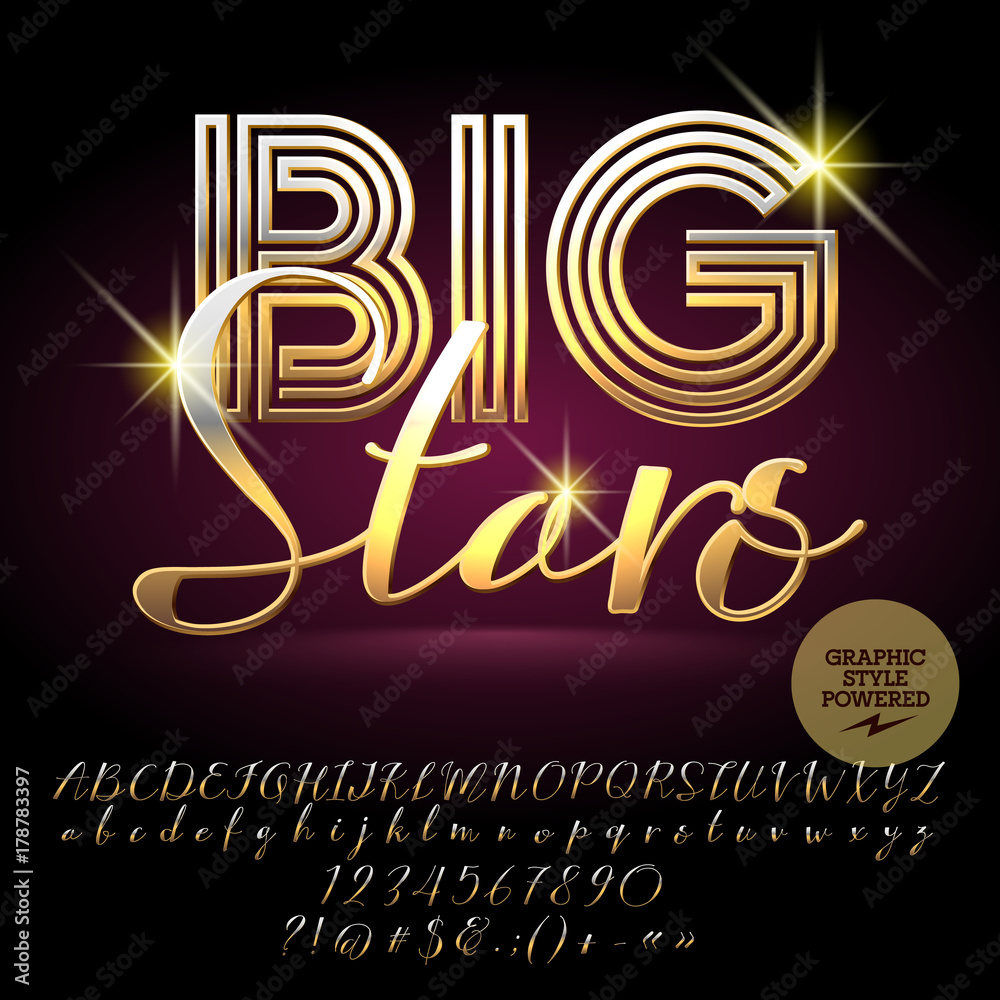 Obraz premium Vector set of Luxury Alphabet Letters. Golden Font contains Graphic Style. Vector icon with text Big Stars.