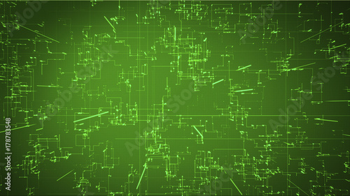 Emerging connections, conductors and neural signals over green background. Digital connectivity, artificial intelligence and data storage concept