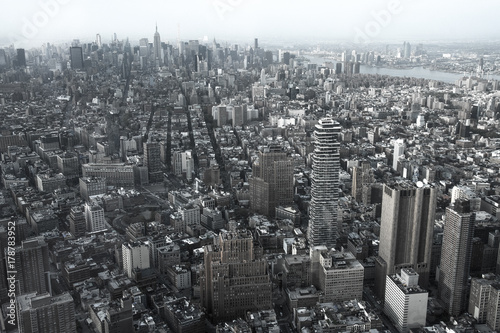 Aerial view Downtown Manhattan and Lower Manhattan New York  NYC  USA. Skyline with skyscrapers. Old slyle photo