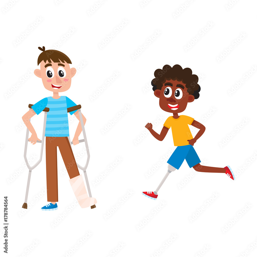 vector flat disabled people set. Cartoon boy standing on crutches with broken leg in plaster and black man running with leg prosthesis. isolated illustration on a white background. vector flat disabled people set. Cartoon boy standing on crutches with broken leg in plaster and black man running with leg prosthesis. isolated illustration on a white background.