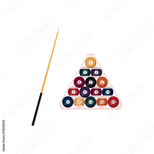 vector flat style wooden cue with black handle and balls with numbers pyramid in wooden rack triangle . Isolated illustration on a white background. Professional snooker, pool billiard equipment