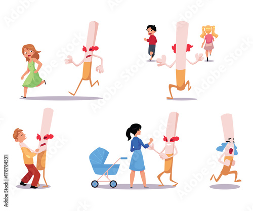 Huge cigarette chasing, suffocating kids and running away with tears, fighting mom, cartoon vector illustration isolated on white background. People and cigarette character, kids versus smoking