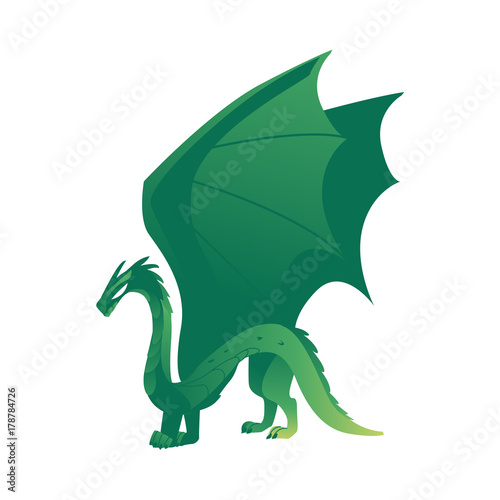 vector flat cartoon colored green majestic mythical dragon with horns and wings. Legendary mystery animal creature. Isolated illustration on a white background.