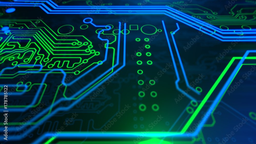 Abstract Technology background Circuit board futuristic server code processing PCB, Code, HTML Blue, green background with digital integrated network technology Printed circuit board