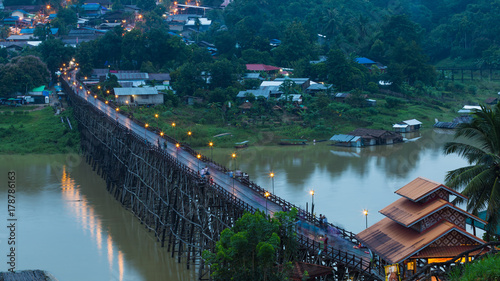 Morning At Wooden Mon Bridge, Sangkhla Buri, Kanchanaburi province, Thailand. photo