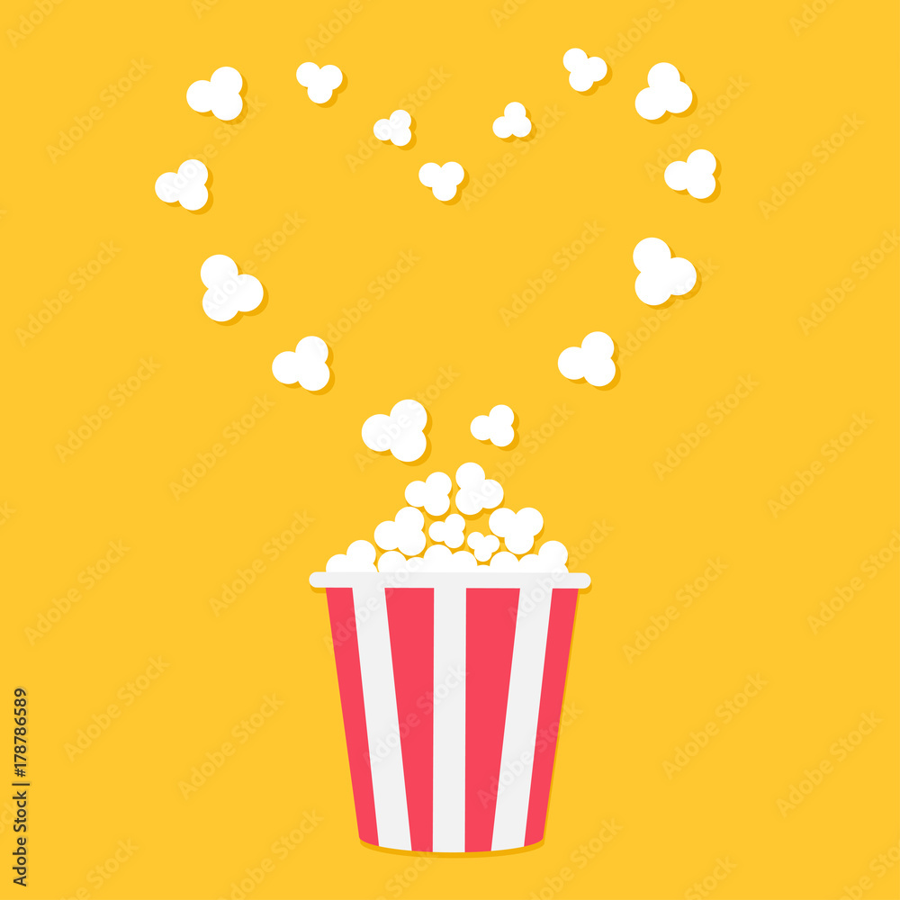 Popcorn popping. Heart shape frame. Red yellow strip box. Cinema movie night icon in flat design style. Yellow background. Isolated.