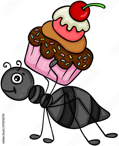 Ant carrying cupcake with cherry on top
