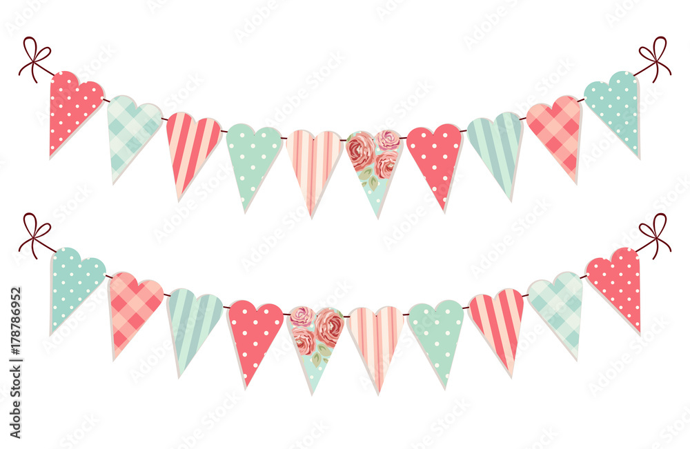 Obraz premium Cute vintage heart shaped shabby chic textile bunting flags