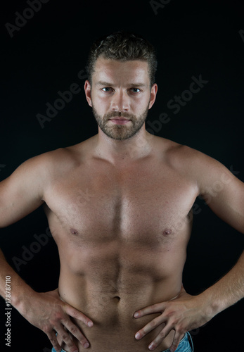 Sportsman with muscular bare torso, ab, six pack, chest, belly