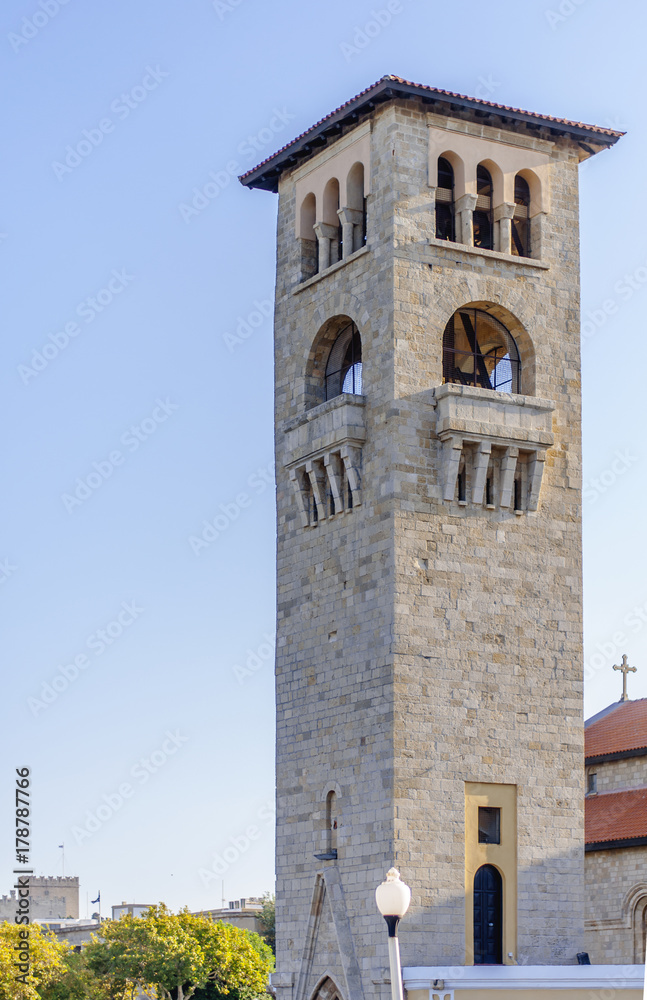 Big church bell tower on Rhodes island in Rhodes Greek town