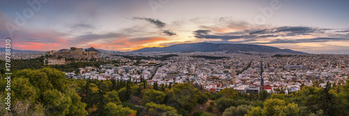 View of Acropolis from Filopappou hill at sunrise, Greece.    © milangonda