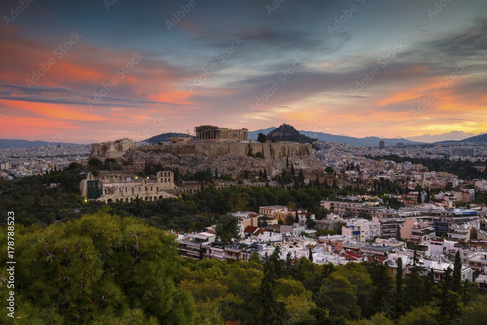View of Acropolis from Filopappou hill at sunrise, Greece. 
