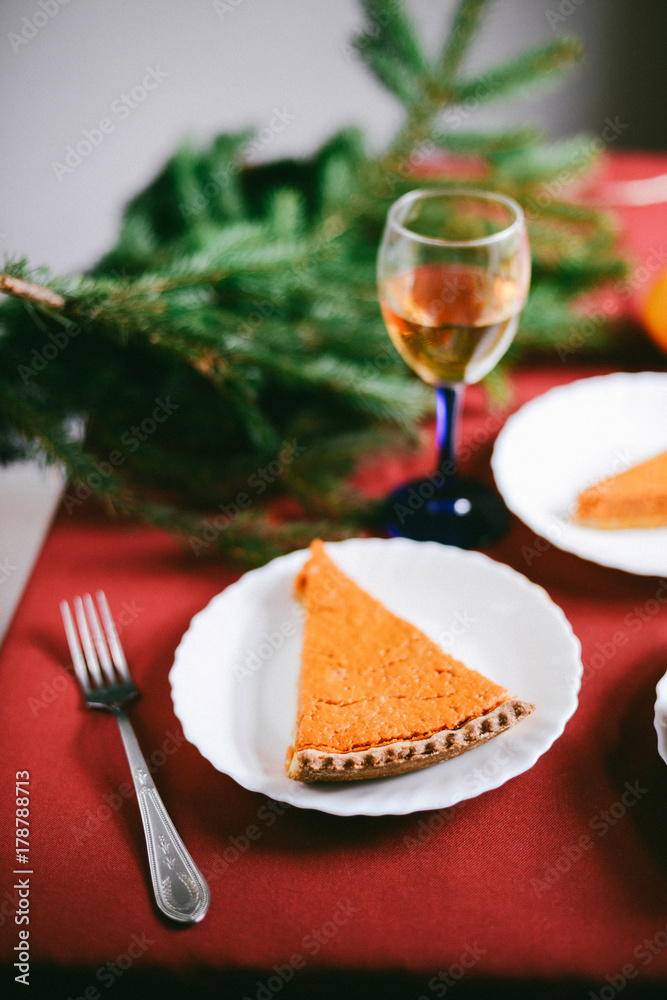 Homemade Pumpkin Pie for Thanksgiving Ready to Eat. Pumpkin pie with autumn decorations Homemade Pumpkin Pie for Thanksgiving Ready to Eat. Pumpkin pie with autumn decorations