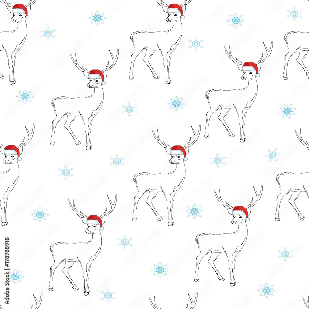 Christmas cartoon characters seamless pattern with Santa Claus and deer on winter snowflakes background Christmas cartoon characters seamless pattern with Santa Claus and deer on winter snowflakes background