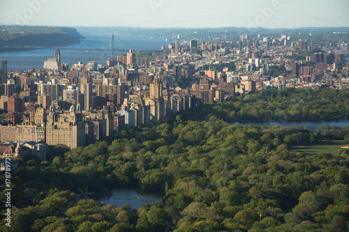 Aerial view of Central Park and Times Square, New York CIty at sunset. Landscape of NYC