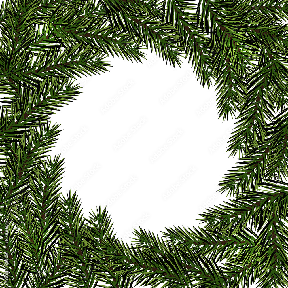 New Year Christmas. Green branch fir in a circle on a white background. Isolated Illustration