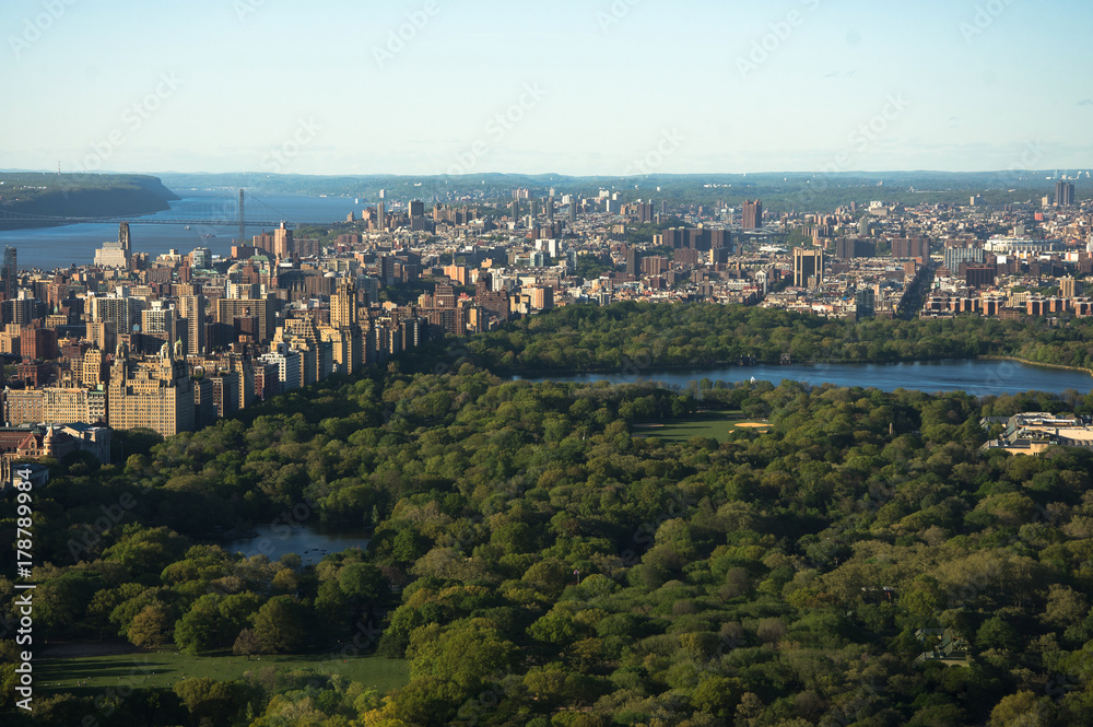 Aerial view of Central Park and Times Square, New York CIty at sunset. Landscape of NYC