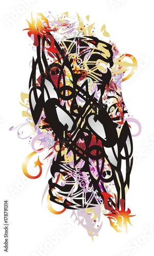 Fototapeta Naklejka Na Ścianę i Meble -  Grunge tiger double symbol. Peaked tiger symbol, similar to dollar, with colorful elements and arrows