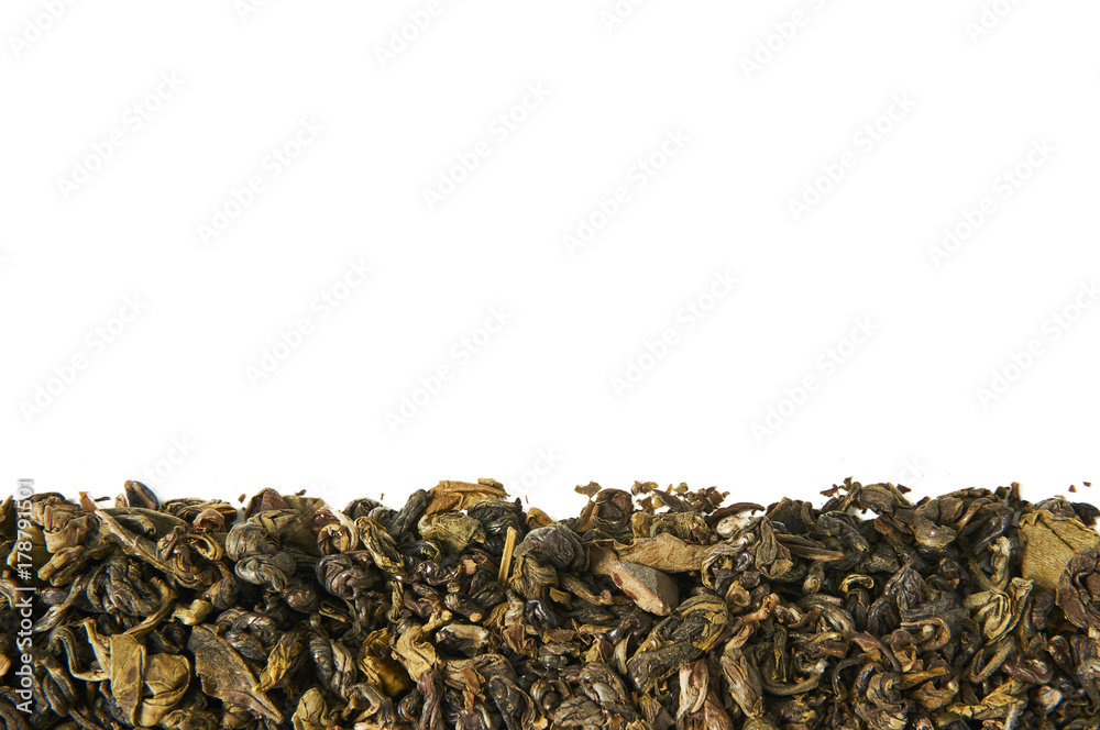 A pile of dry green tea. Isolated on white background. Food background.