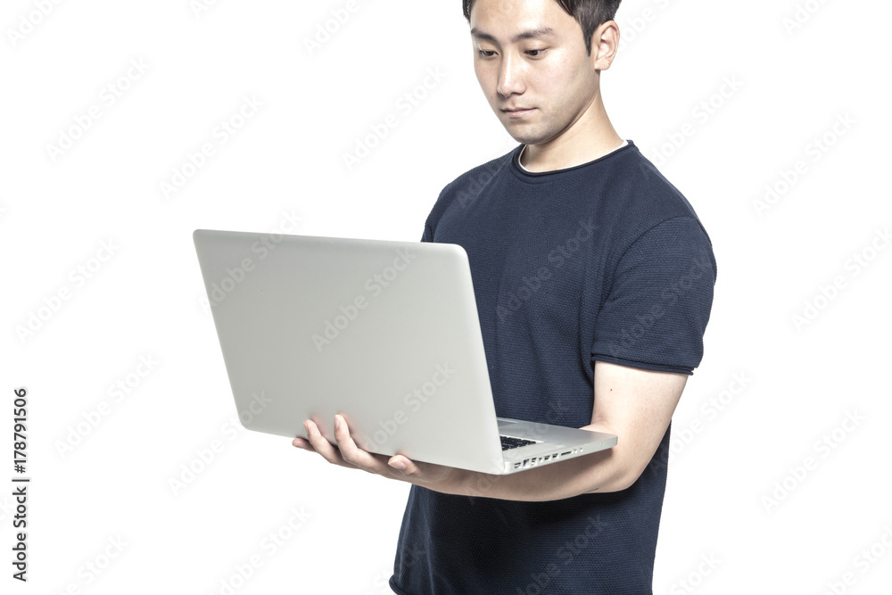 business man stand up and han hold a silver notebook isolated white business man stand up and han hold a silver notebook isolated white