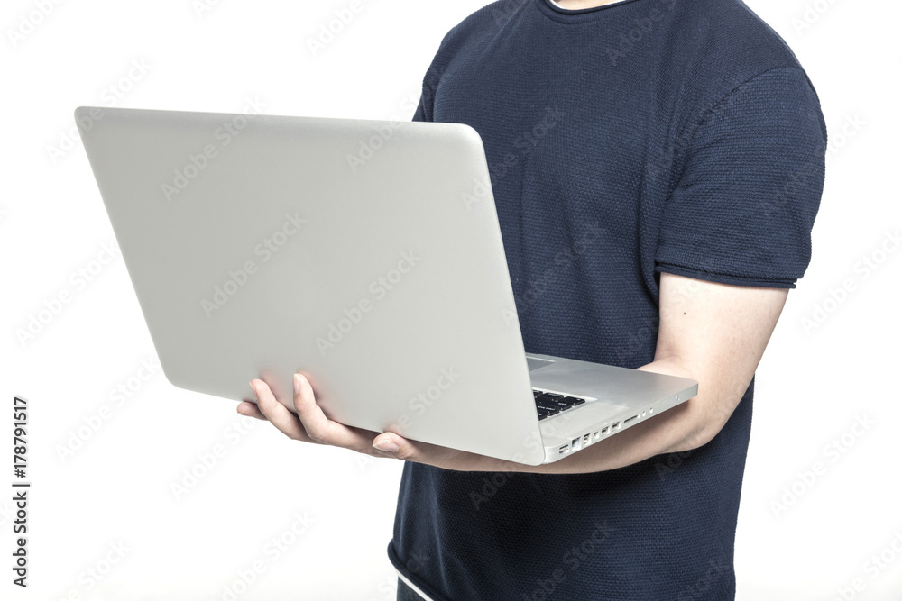 business man stand up and han hold a silver notebook isolated white business man stand up and han hold a silver notebook isolated white
