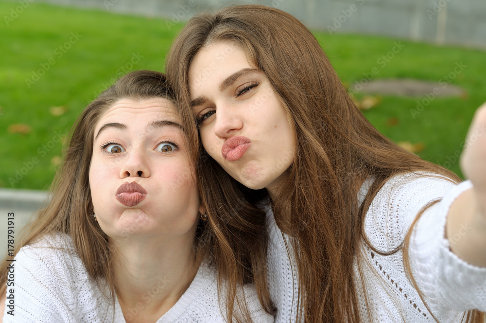 Obraz premium Two friends inflated cheeks while doing selfie photo