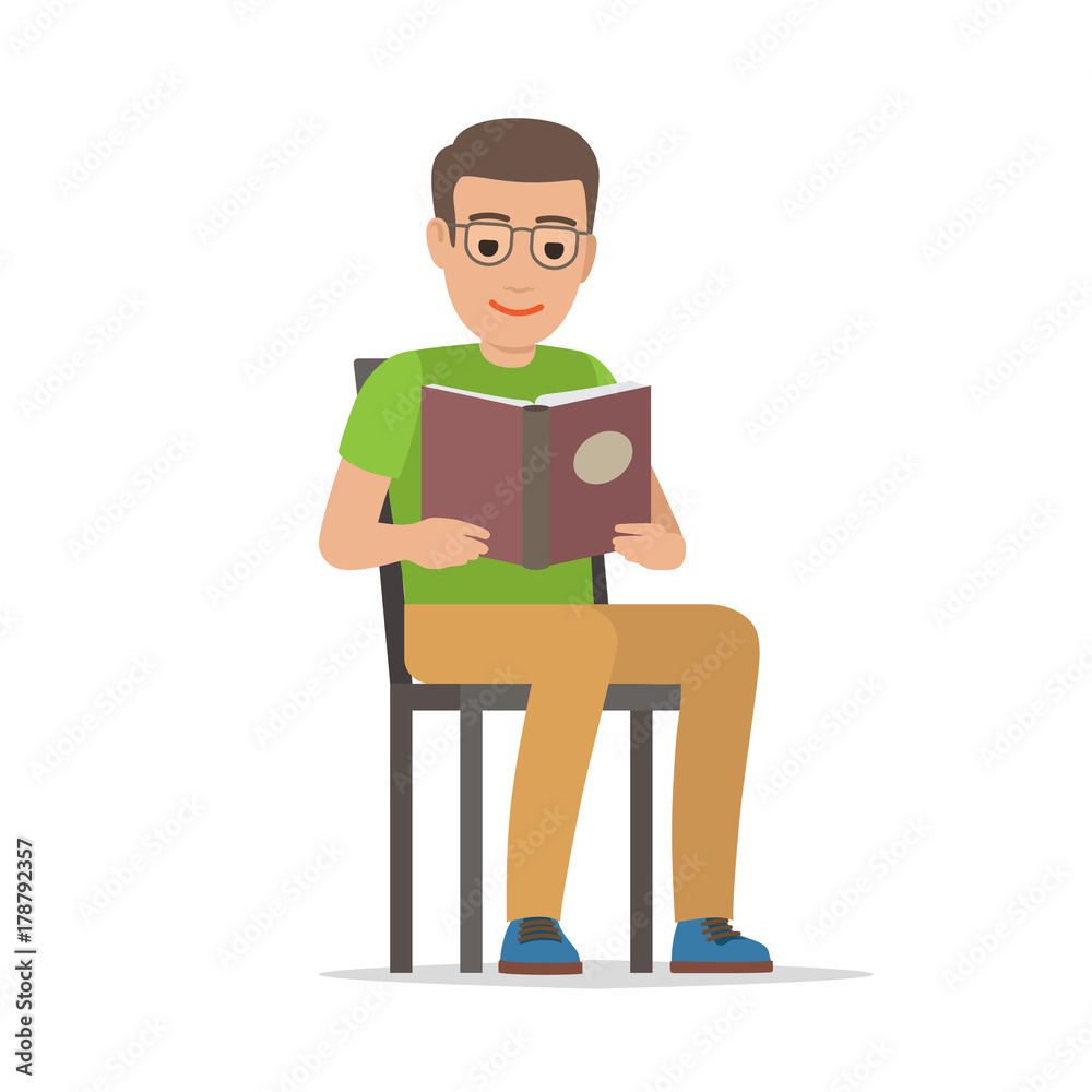 Student Seating and Reading Textbook Flat Vector Student Seating and Reading Textbook Flat Vector