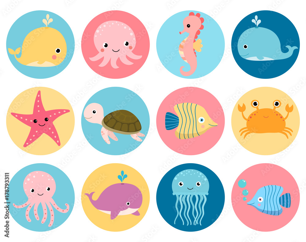 Cute vector sea animals icons in color circles for stickers and icons for children designs