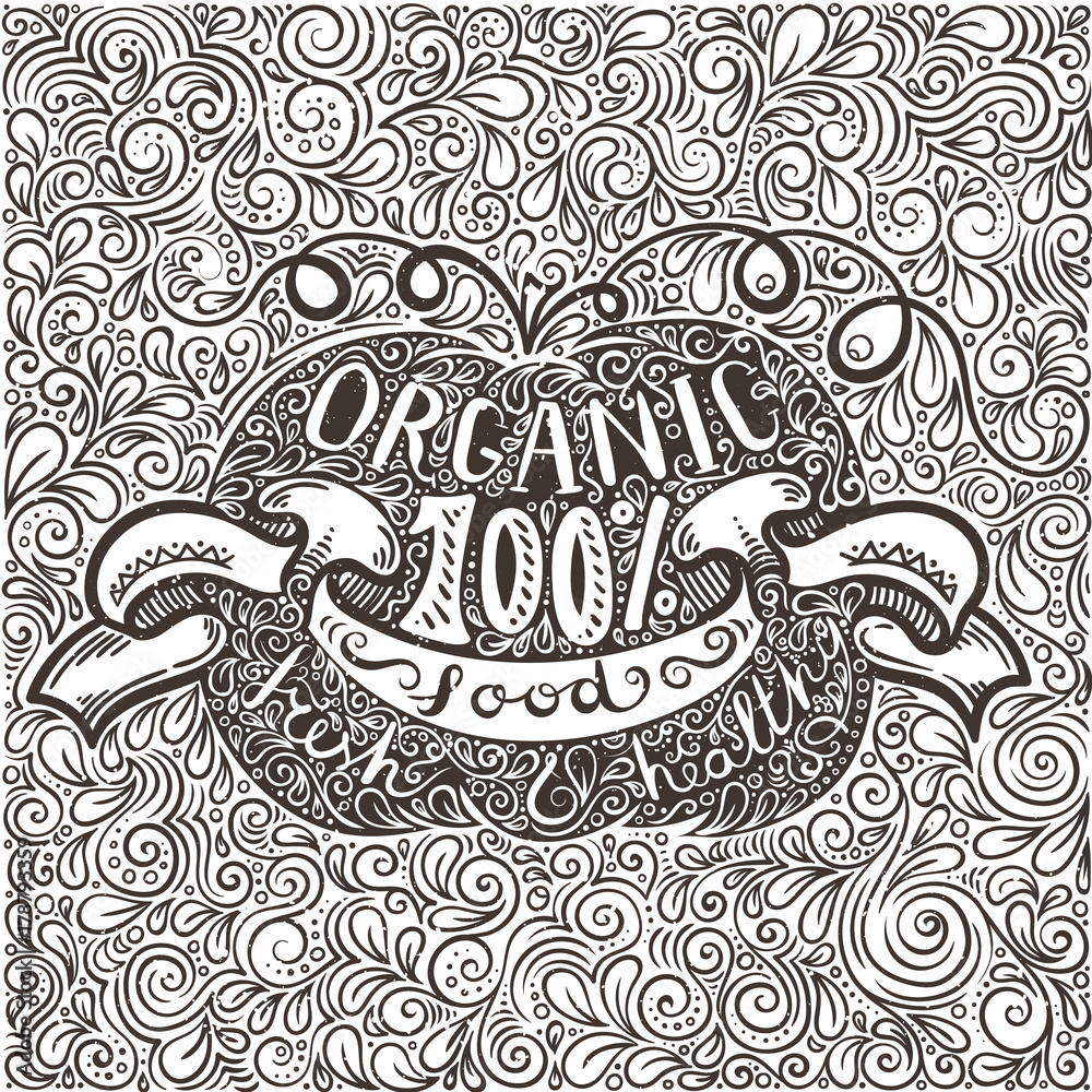 Doodle hand drawn poster with pumpkin on a pattern background with eco lettering. Doodle hand drawn poster with pumpkin on a pattern background with eco lettering.