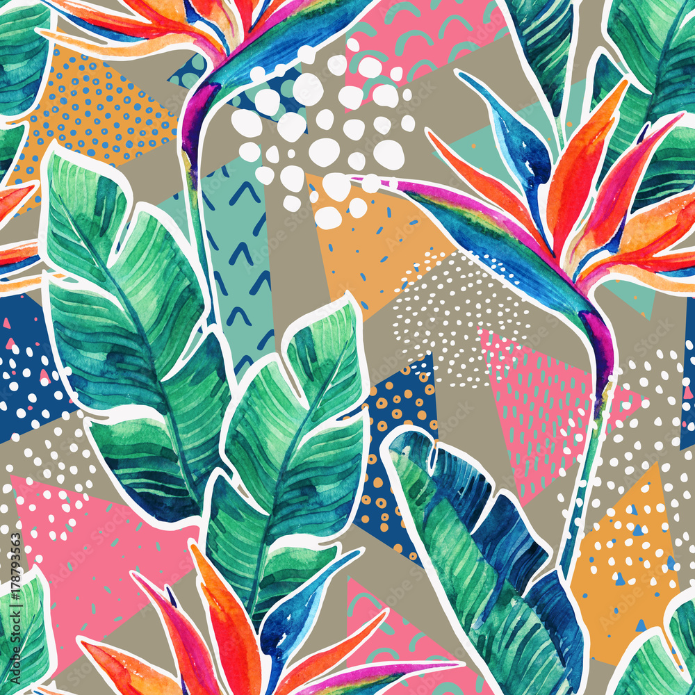 Tableau sur toile avec Aquarelle fleurs tropicales fond géométrique #178793563