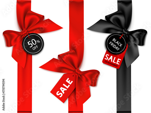 Decorative set of vertical ribbon with bow and sale tag for black friday sale design. Vector holiday label  