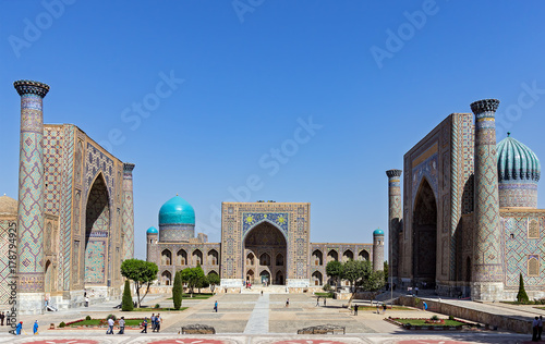 Panoramic view of Registan square - Samarkand, Uzbekistan - The three madrasahs of the Registan are : the Ulugh Beg Madrasah, the Tilya-Kori Madrasah and the Sher-Dor Madrasah.
