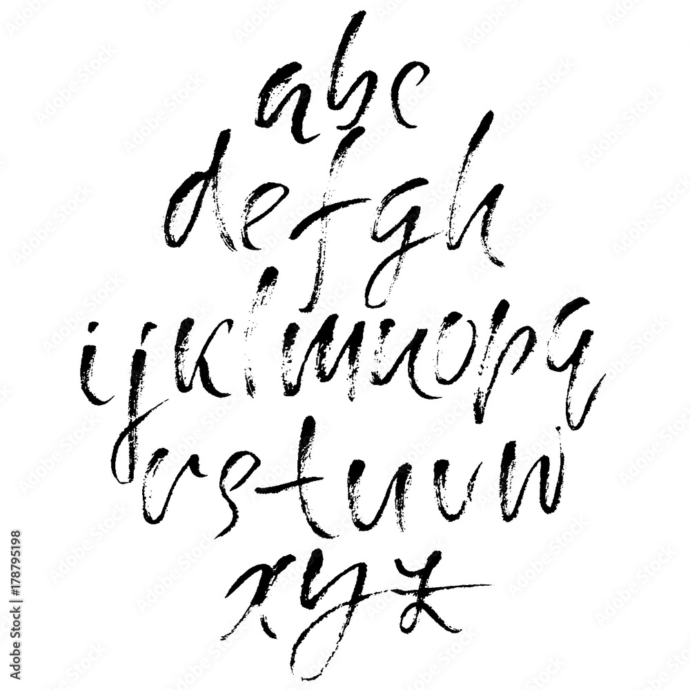 Hand drawn dry brush font. Modern brush lettering. Grunge style alphabet. Calligraphy script. Vector illustration.