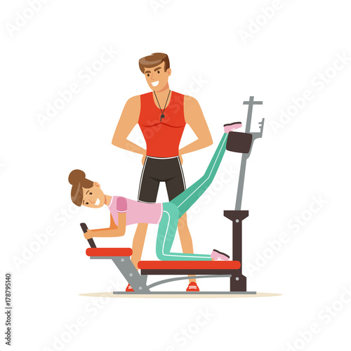 Professional fitness coach and woman exercising on trainer gym machine, people exercising under control of personal trainer vector Illustration