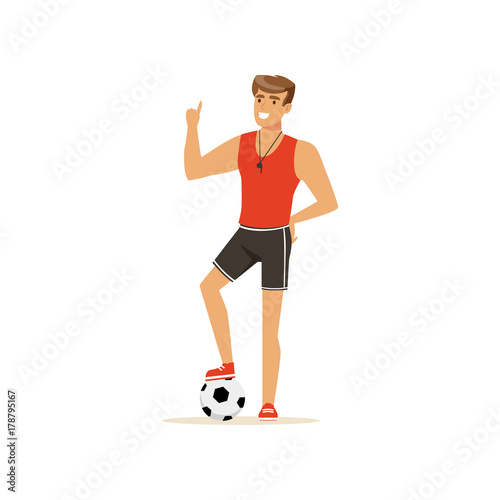 Professional fitness coach or instructor with soccer ball vector Illustration