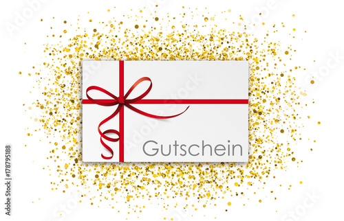 Gutschein mit einem roten Band und goldenem Konfetti