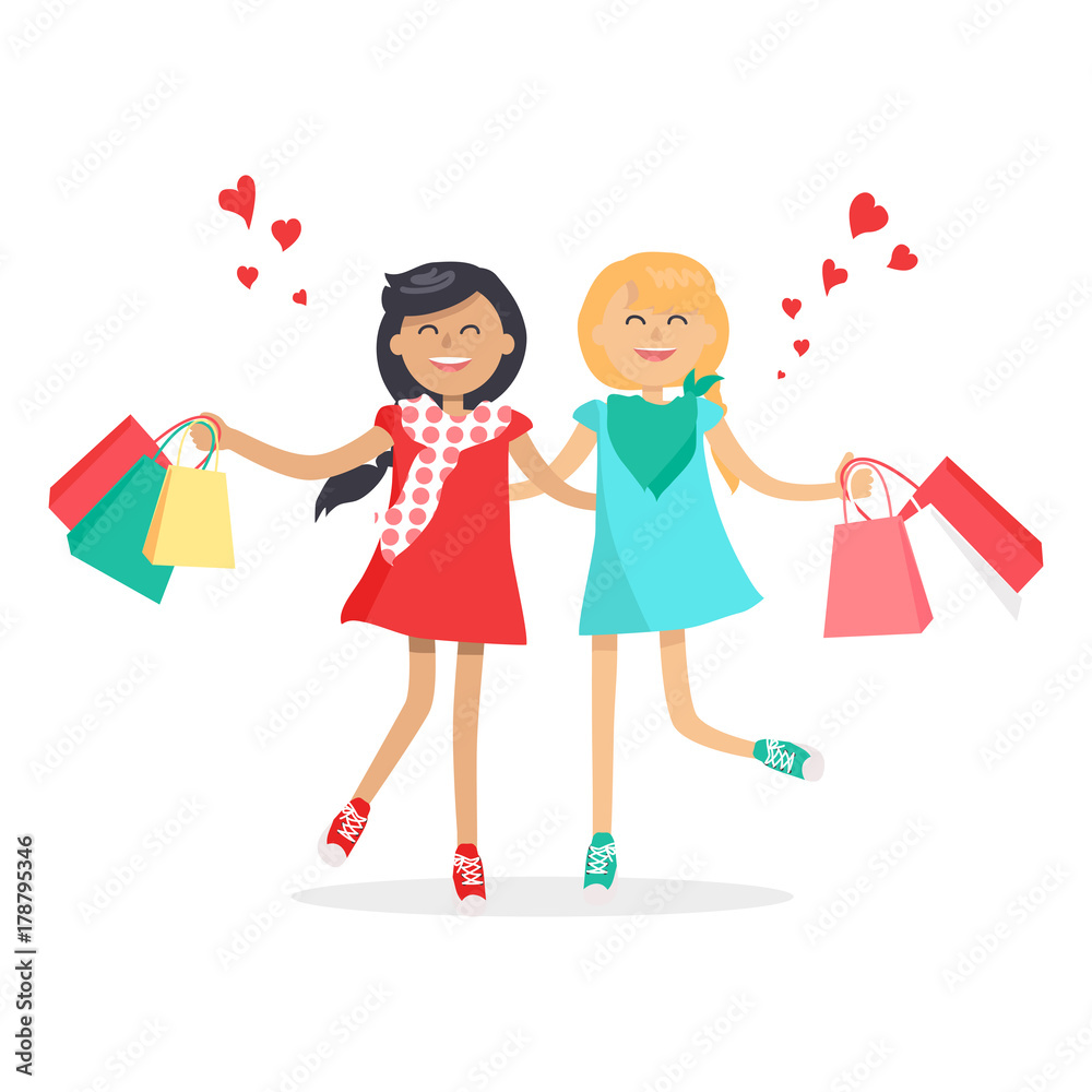 Happy Girls with Shopping Bags. Friends Forever Happy Girls with Shopping Bags. Friends Forever