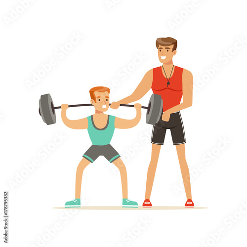 Professional fitness coach man exercising with a barbell, people exercising under control of personal trainer vector Illustration