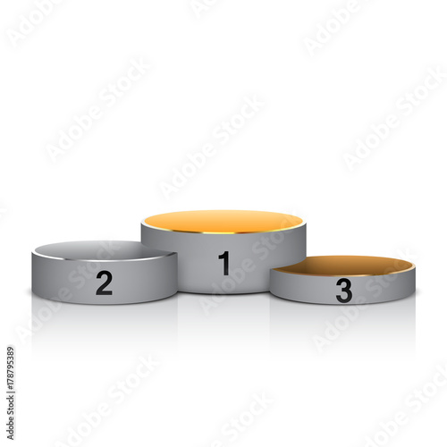 Realistic vector round podium with gold, silver and bronze place, isolated on white