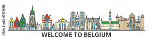 Belgium outline skyline, belgian flat thin line icons, landmarks, illustrations. Belgium cityscape, belgian vector travel city banner. Urban silhouette