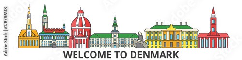 Denmark outline skyline, danish flat thin line icons, landmarks, illustrations. Denmark cityscape, danish vector travel city banner. Urban silhouette