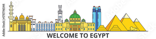Egypt outline skyline, Egyptian flat thin line icons, landmarks, illustrations. Egypt cityscape, Egyptian vector travel city banner. Urban silhouette