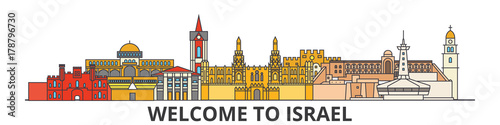 Israel outline skyline, israeli flat thin line icons, landmarks, illustrations. Israel cityscape, israeli vector travel city banner. Urban silhouette
