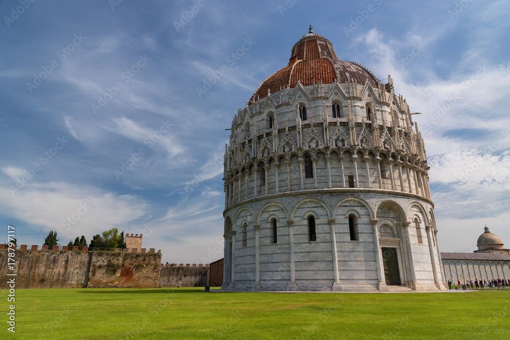Magnificent daily view at the Pisa Baptistery of St. John, the largest baptistery in Italy, in the Square of Miracles (Piazza dei Miracoli), Pisa, Italy.